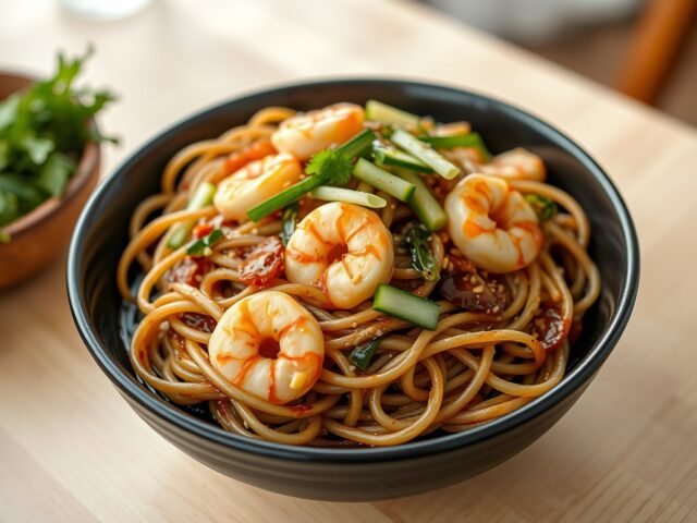 Spaghetti van Bruine Rijst met Garnalen en Sesam (Glutenvrij)