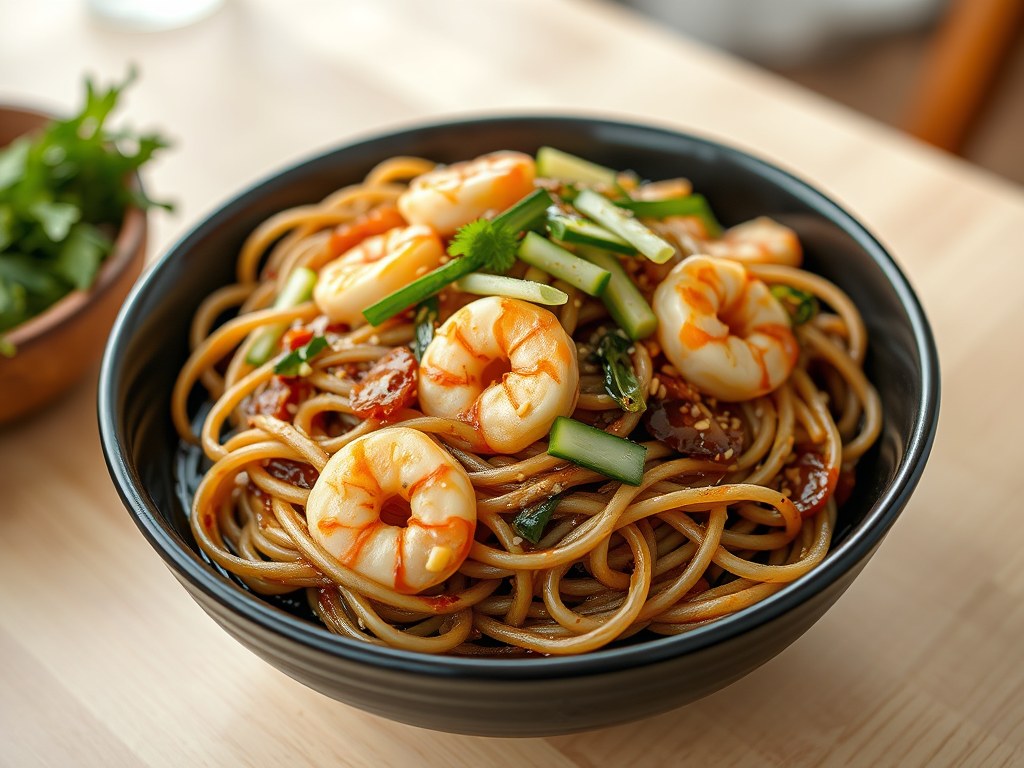 Spaghetti van Bruine Rijst met Garnalen en Sesam (Glutenvrij), AI-gegenereerde illustratie