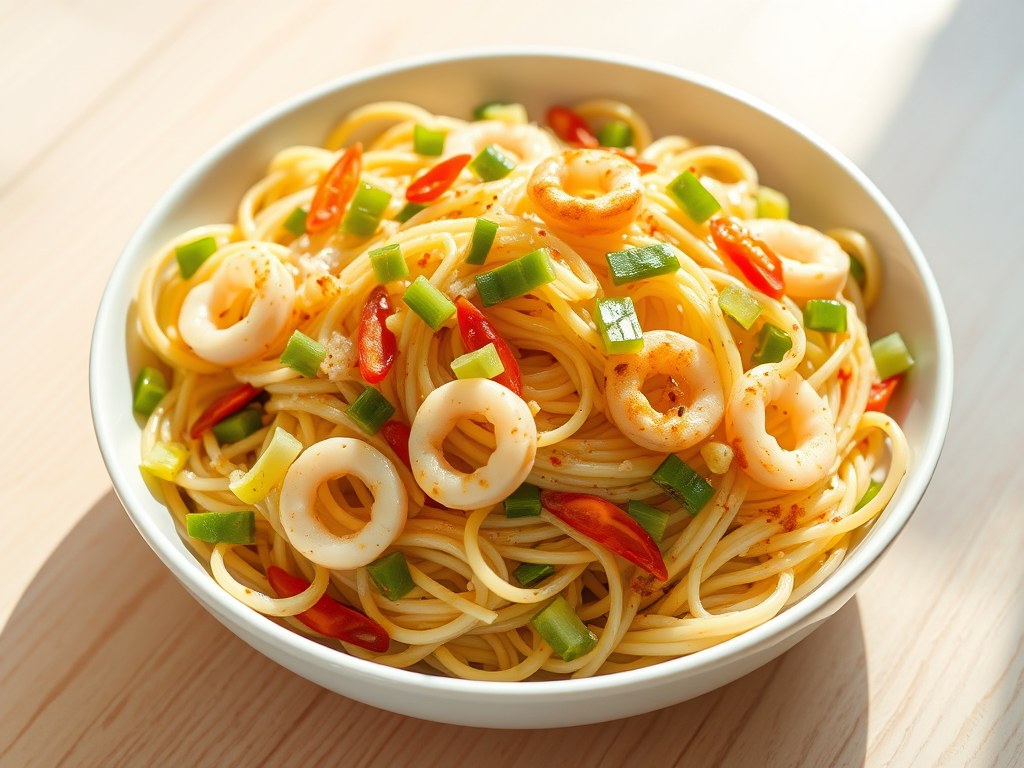 Spaghettisalade met inktvis en citroendressing, AI-gegenereerde illustratie