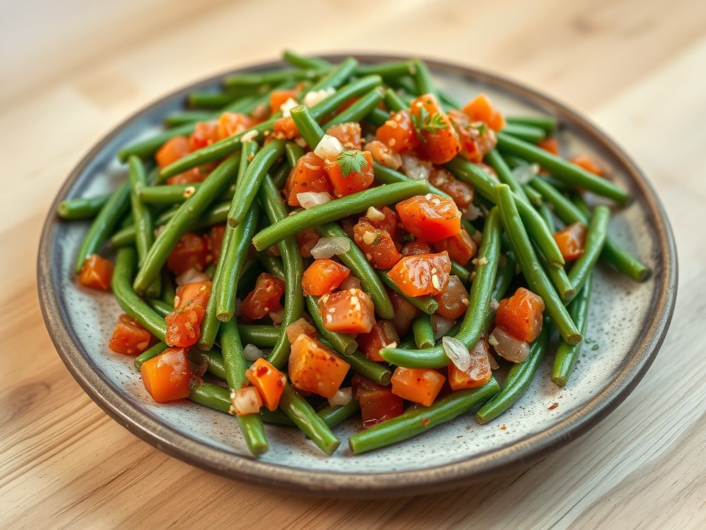 Sperziebonen met tomatensalsa, AI-gegenereerde illustratie