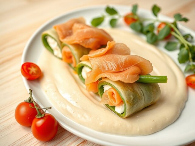 Sperziebonenrolletjes met cottage cheese, gerookte zalm en knolselderijpuree