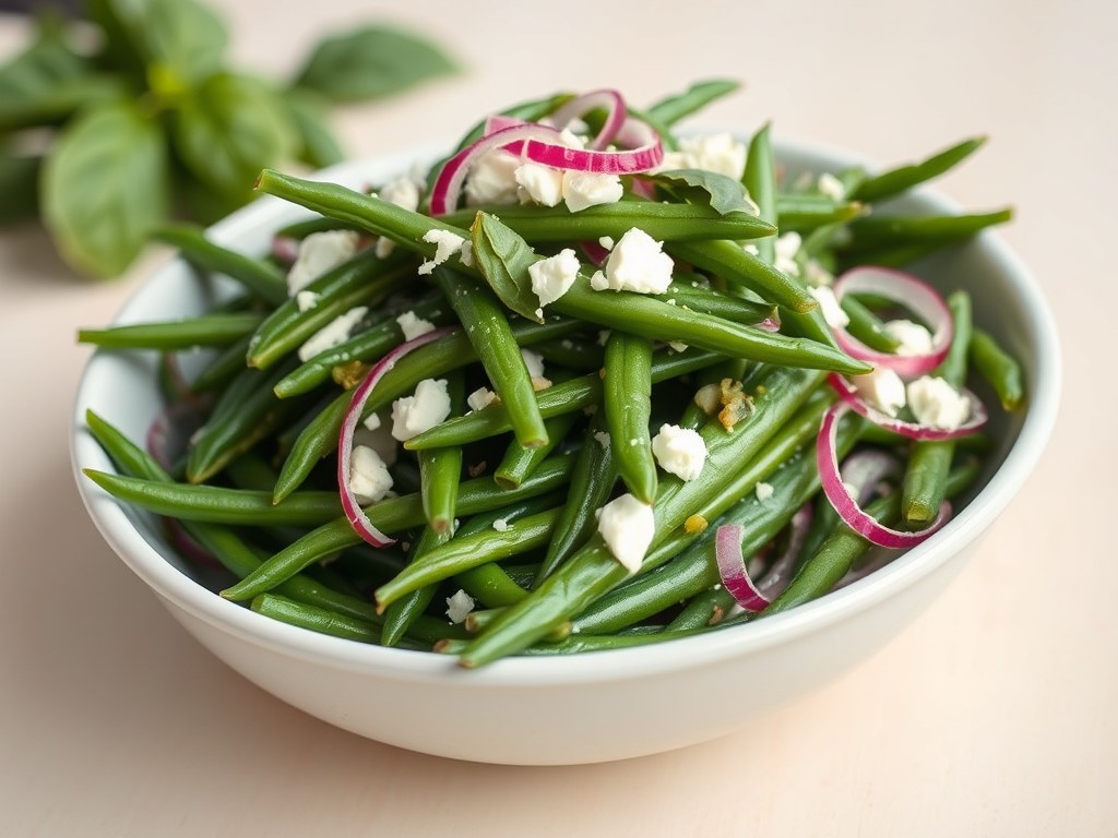 Sperziebonensalade met feta en basilicum, AI-gegenereerde illustratie