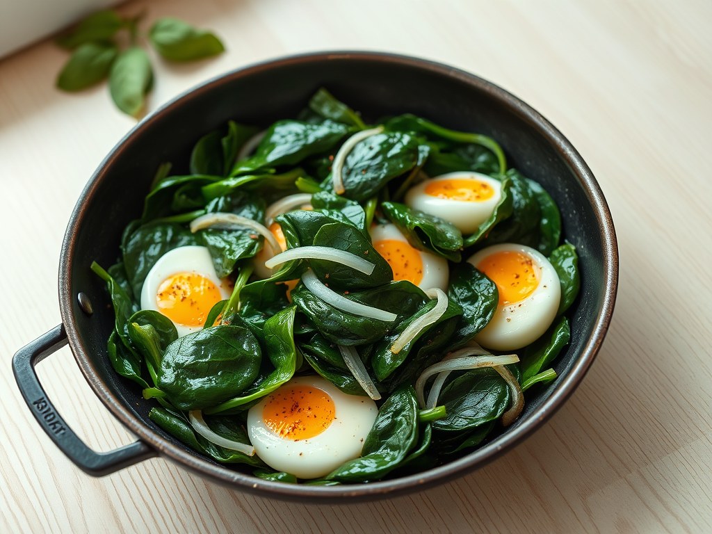 Spinazie met eieren en uien, AI-gegenereerde illustratie