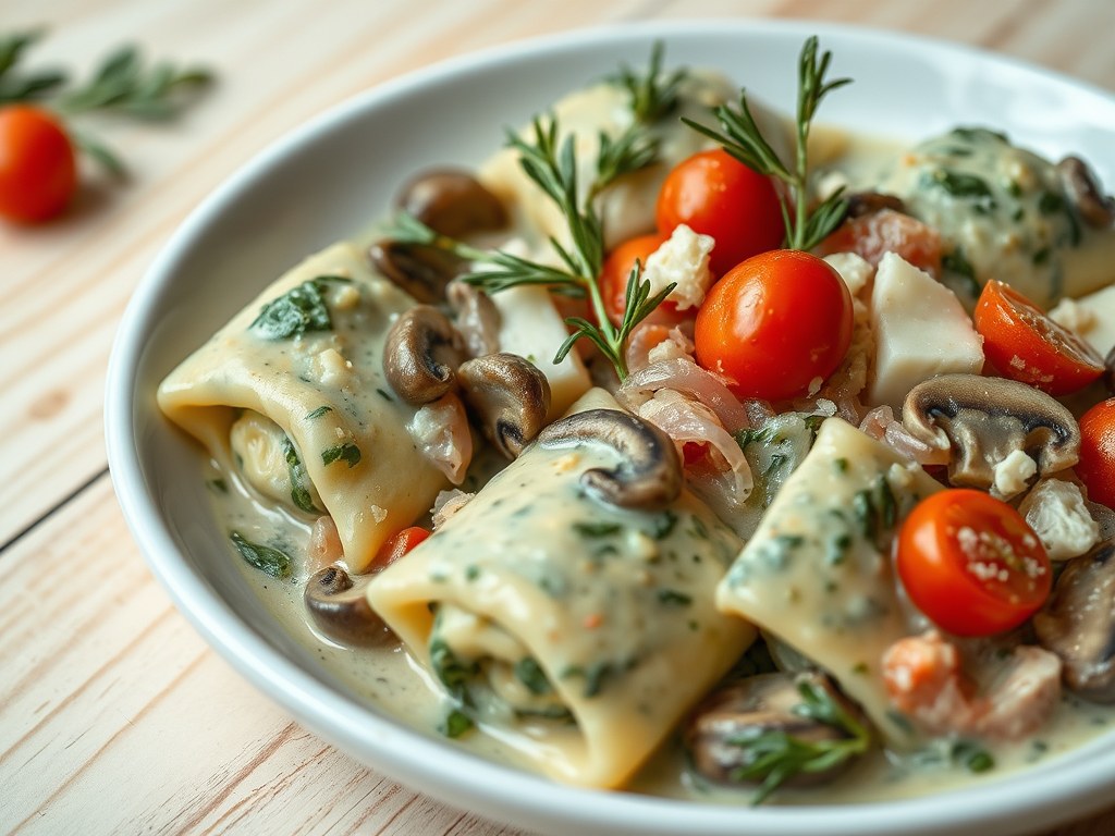 Spinazie met gevulde pasta, AI-gegenereerde illustratie