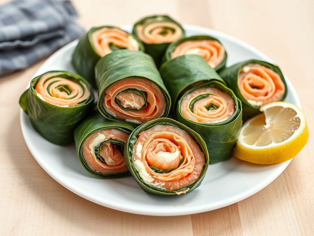 Spinazieroletjes met gerookte zalm, AI-gegenereerde illustratie