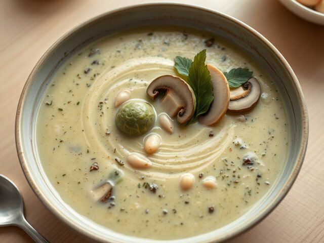 Spruitjessoep met champignons en bonen