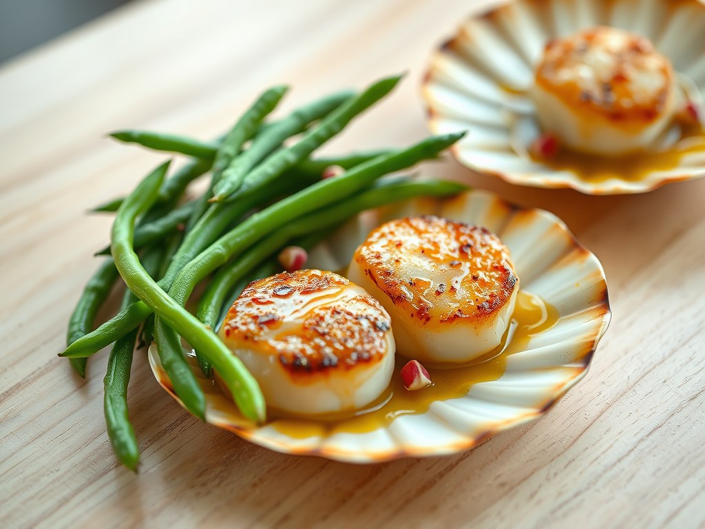 St. Jacobsschelpen met haricots verts, AI-gegenereerde illustratie