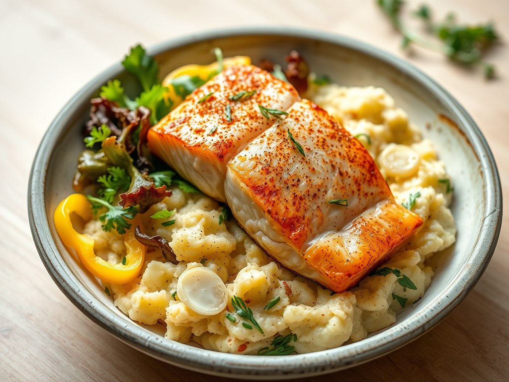 Stamppot gemengde sla met zalm, AI-gegenereerde illustratie