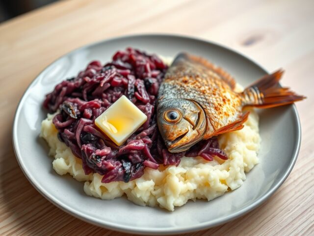Stamppot rodekool met gebakken Bokking