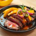 Steak met verse mango en groene peper