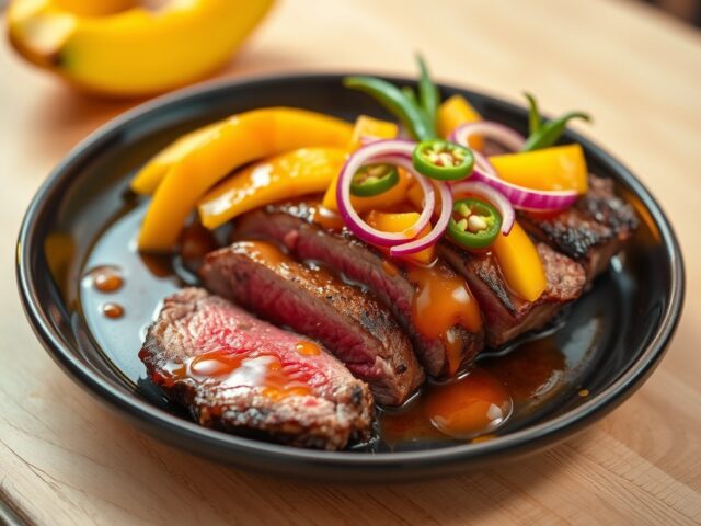 Steak met verse mango en groene peper