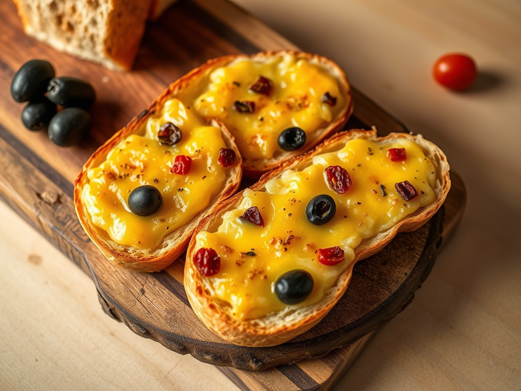 Stokbrood gegratineerd met olijven en kaas, AI-gegenereerde illustratie
