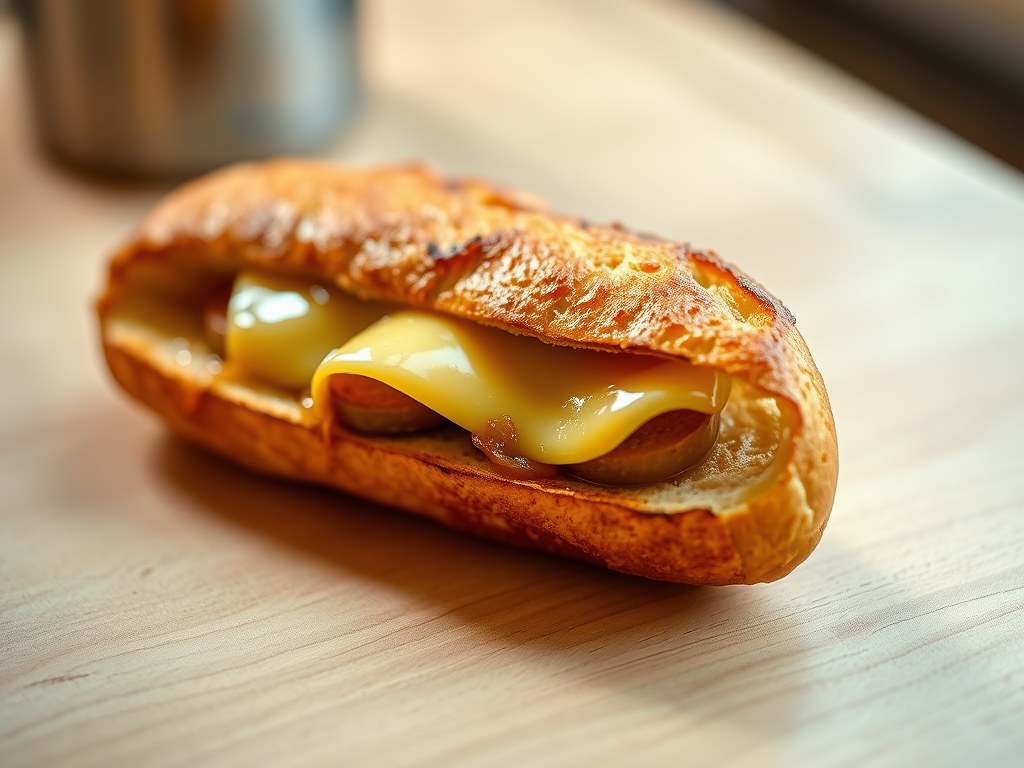 Stokbrood met ui cervelaat en kaas, AI-gegenereerde illustratie