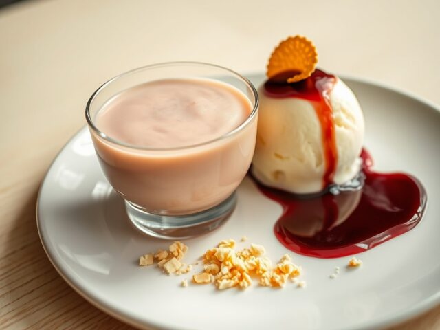 Stoofperenmousse met in amandel gepaneerde ijsboll