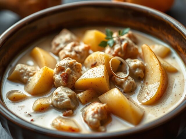 Stoofpotje van kip met peren en kokosmelk