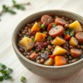 Stoofpotje van linzen met chipolata’s en Espelettepeper