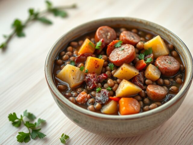 Stoofpotje van linzen met chipolata’s en Espelettepeper