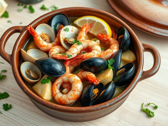 Stoofpotje van schelp en schaaldieren met artisjok