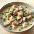 Stoofpotje van varkensvlees met erwtjes en champignons