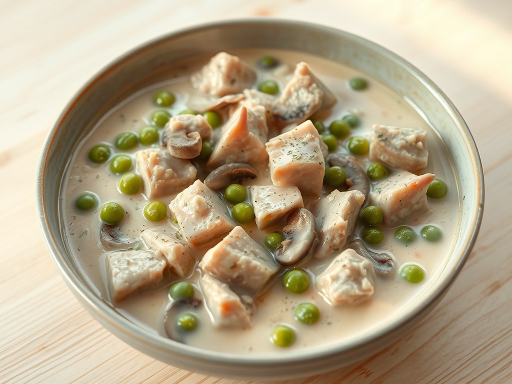 Stoofpotje van varkensvlees met erwtjes en champignons, AI-gegenereerde illustratie