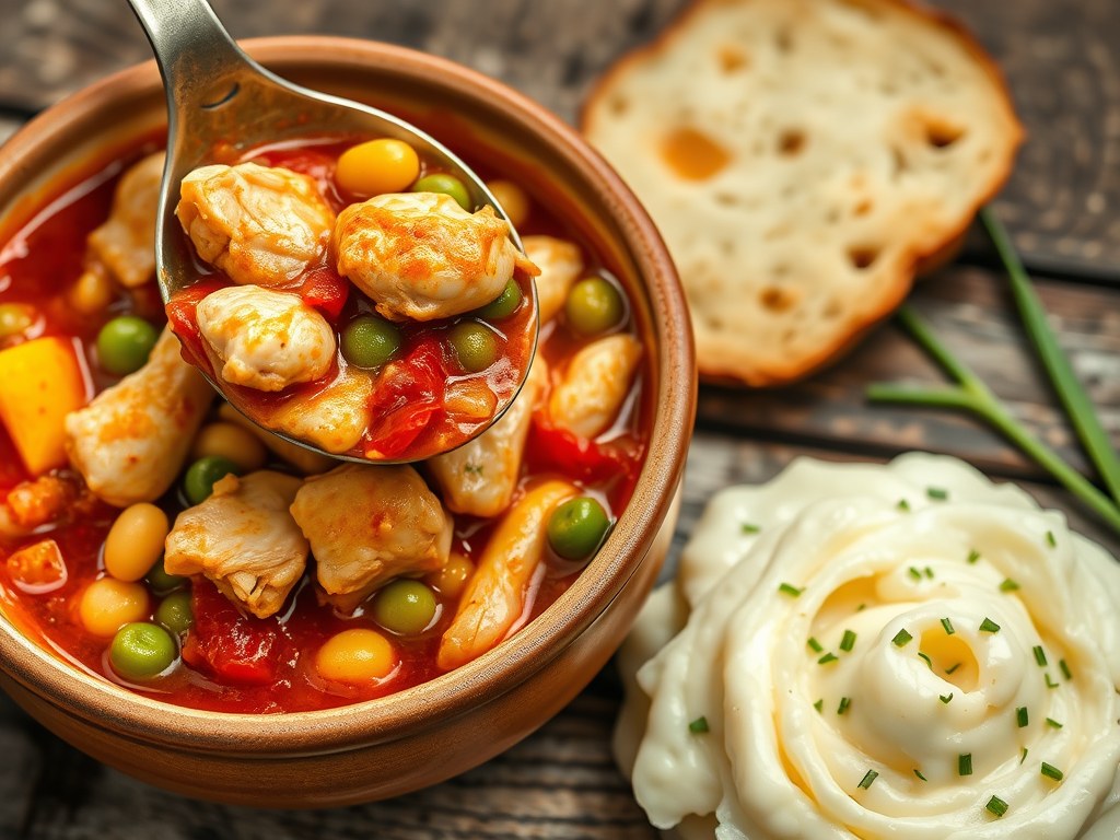 Stoofschotel (cassoulet) van kip en groenten, AI-gegenereerde illustratie