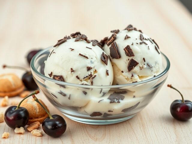 Stracciatella-ijs met bitterkoekjes en kersen