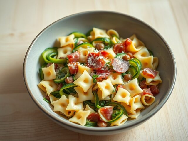 Strikjespasta met courgette en rauwe ham