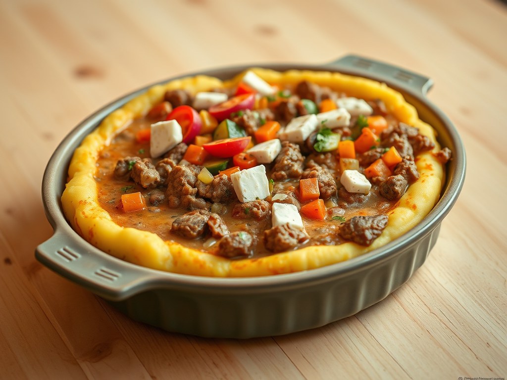 Stroganoff Ovenschotel met aardappelpuree, AI-gegenereerde illustratie
