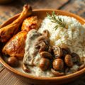 Superkip met bos-champignons en rijst