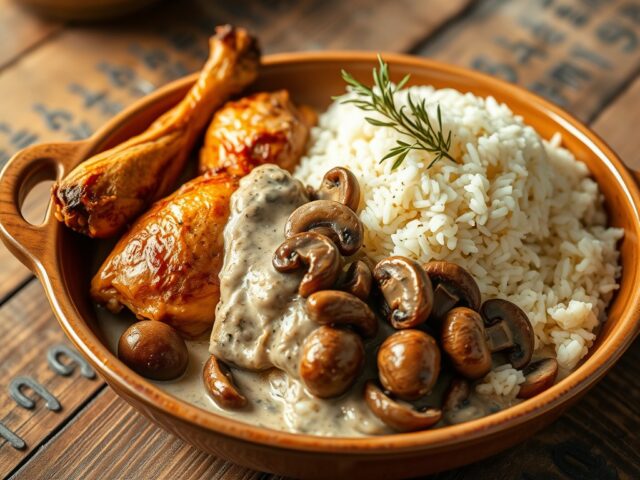 Superkip met bos-champignons en rijst