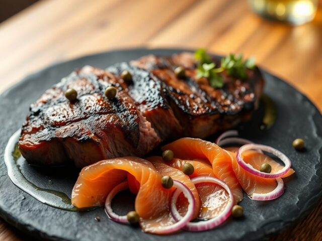 surf and turf: zalm en biefstuk