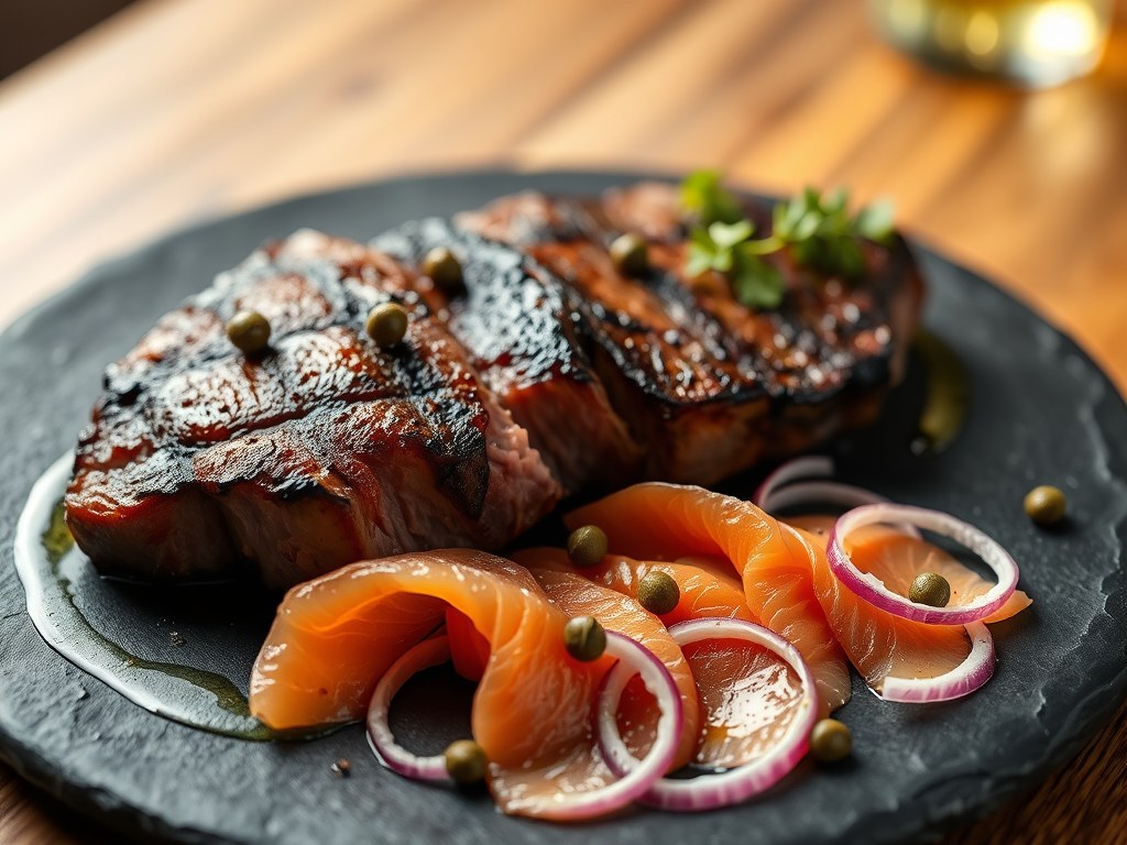 surf and turf: zalm en biefstuk, AI-gegenereerde illustratie