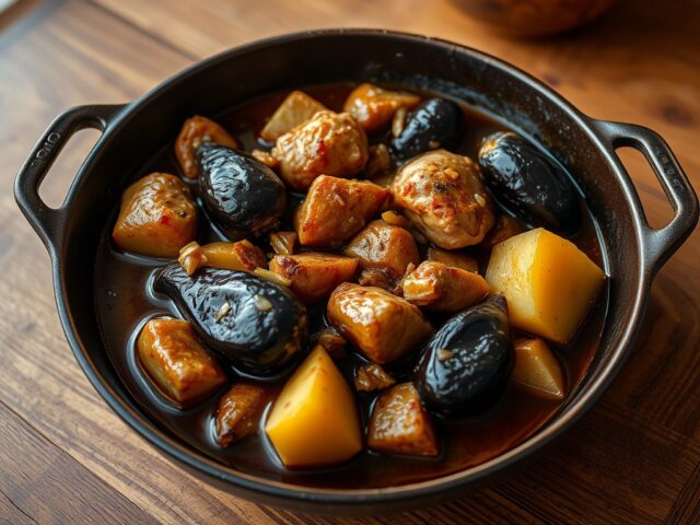Surinaamse aubergines met kip en aardappel (eenpansgerecht)