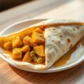 Surinaamse roti kerrie kip, aardappel en kouseband