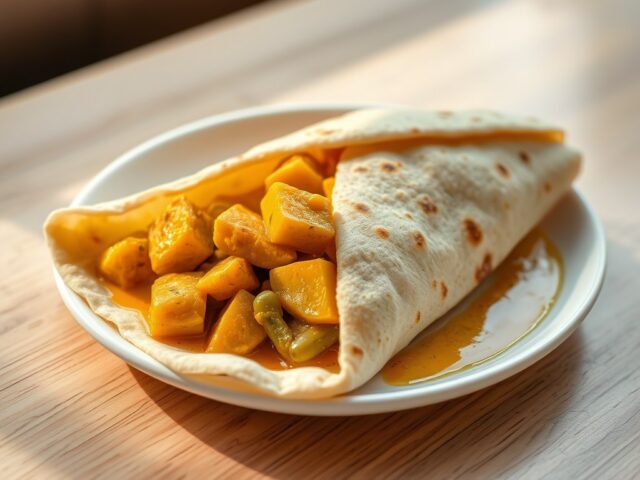 Surinaamse roti kerrie kip, aardappel en kouseband