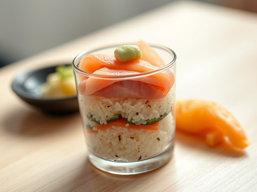 Sushi in een glaasje, AI-gegenereerde illustratie