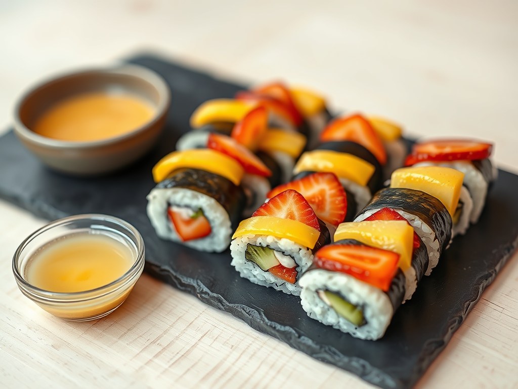 Sushi met fruit, AI-gegenereerde illustratie