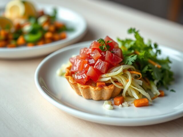 Taartje van rauwe tonijn op een Japanse salade