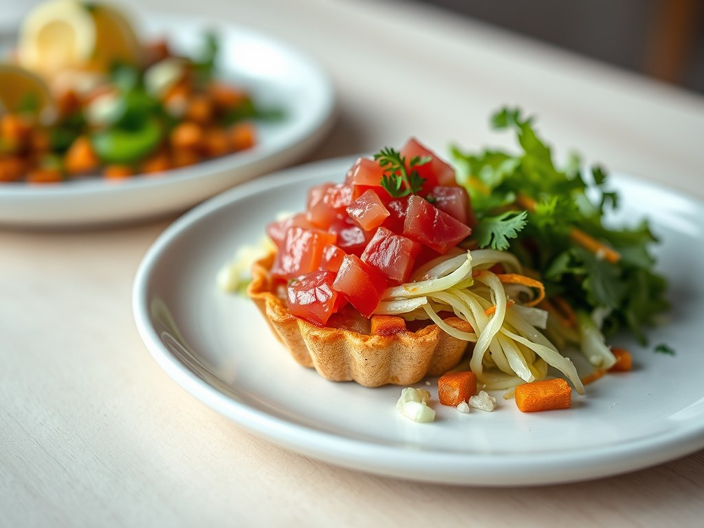 Taartje van rauwe tonijn op een Japanse salade, AI-gegenereerde illustratie