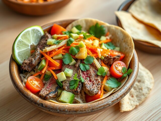 Tacobowls met biefstuk, oude kaas en een frisse salade