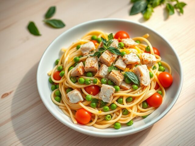 Tagliatella met gerookte forel, doperwten (zie opm
