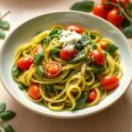 Tagliatelle al pesto, pomodoro e spinaci