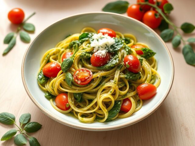 Tagliatelle al pesto, pomodoro e spinaci