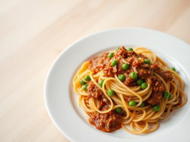 Tagliatelle bolognese met doperwtjes en gebakken ui