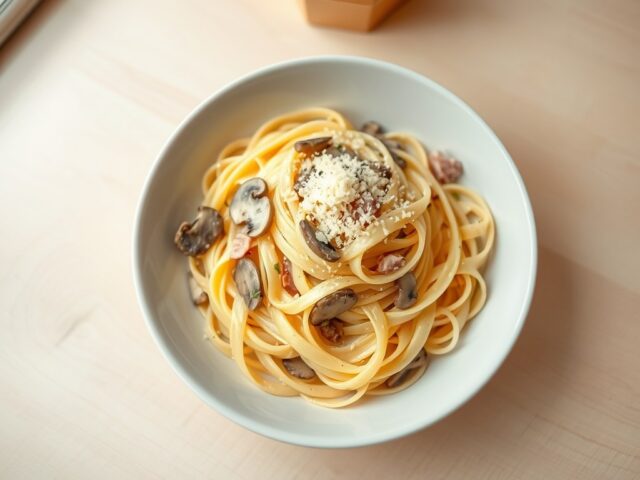 Tagliatelle met champignons en ham