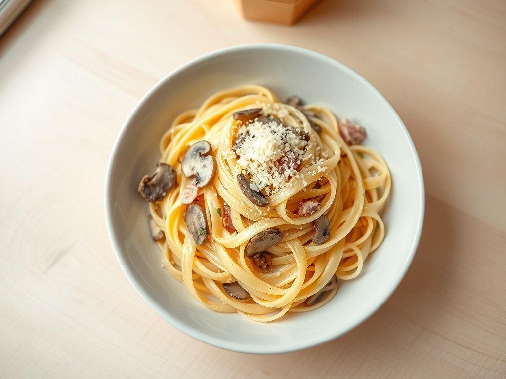 Tagliatelle met champignons en ham, AI-gegenereerde illustratie