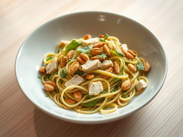 Tagliatelle met kip en pesto van radijsjesloof