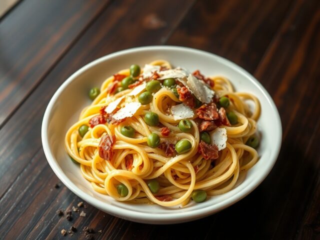 Tagliatelle met pancetta en bonen