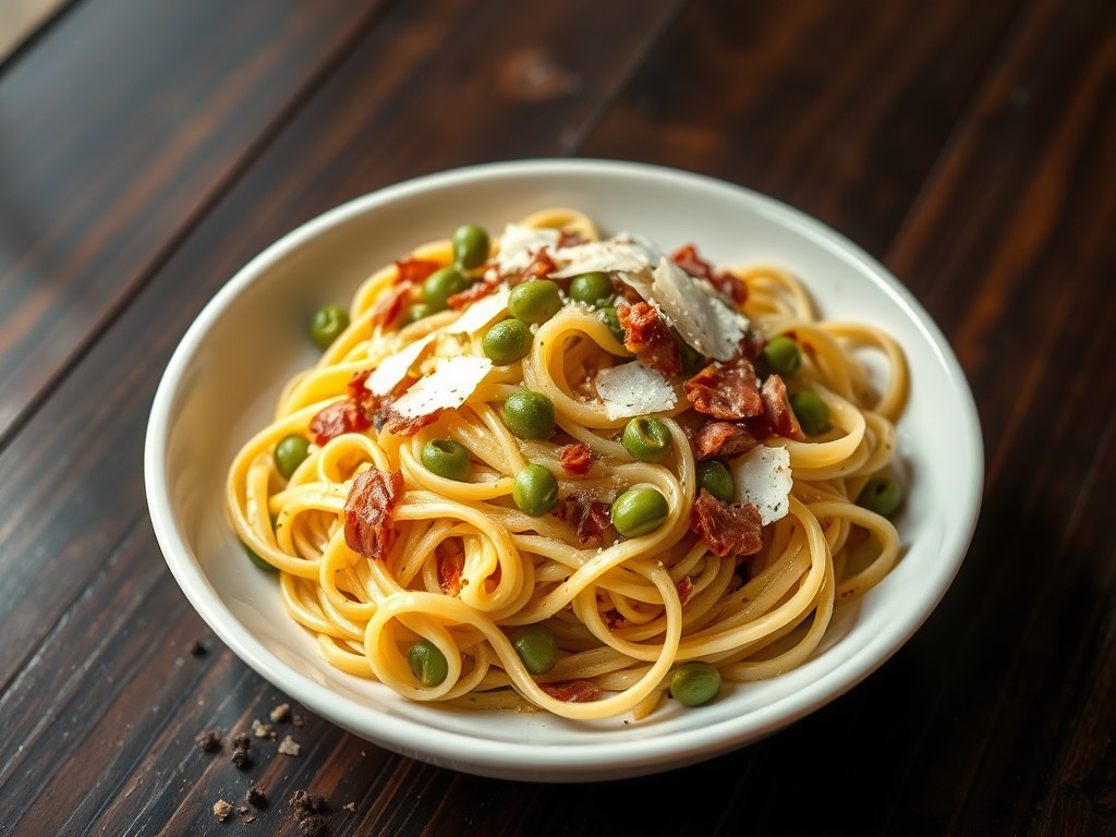 Tagliatelle met pancetta en bonen, AI-gegenereerde illustratie