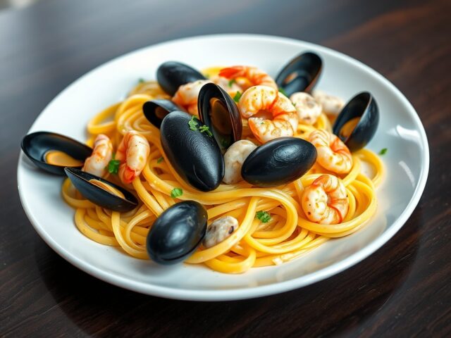Tagliatelle met saffraan en zeebanket: